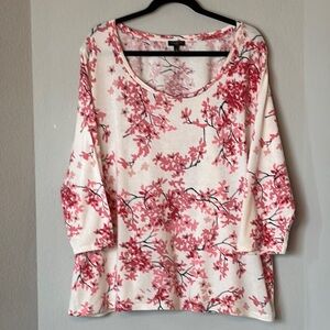 Talbots Floral Tee 3X Pullover Top Cotton Modal 3/4 Sleeve Ivory Pink
